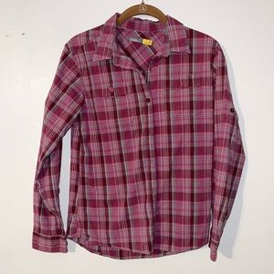 CABELA’S Women Button Down Shirt Multi Color Plaid Stretch Roll tab Sleeve Small